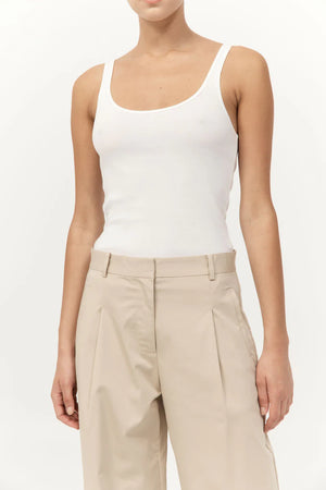Side angle of the Cotton Barrel Leg Pants in Champagne worn with a casual top, showing versatility suitable for everyday wear.