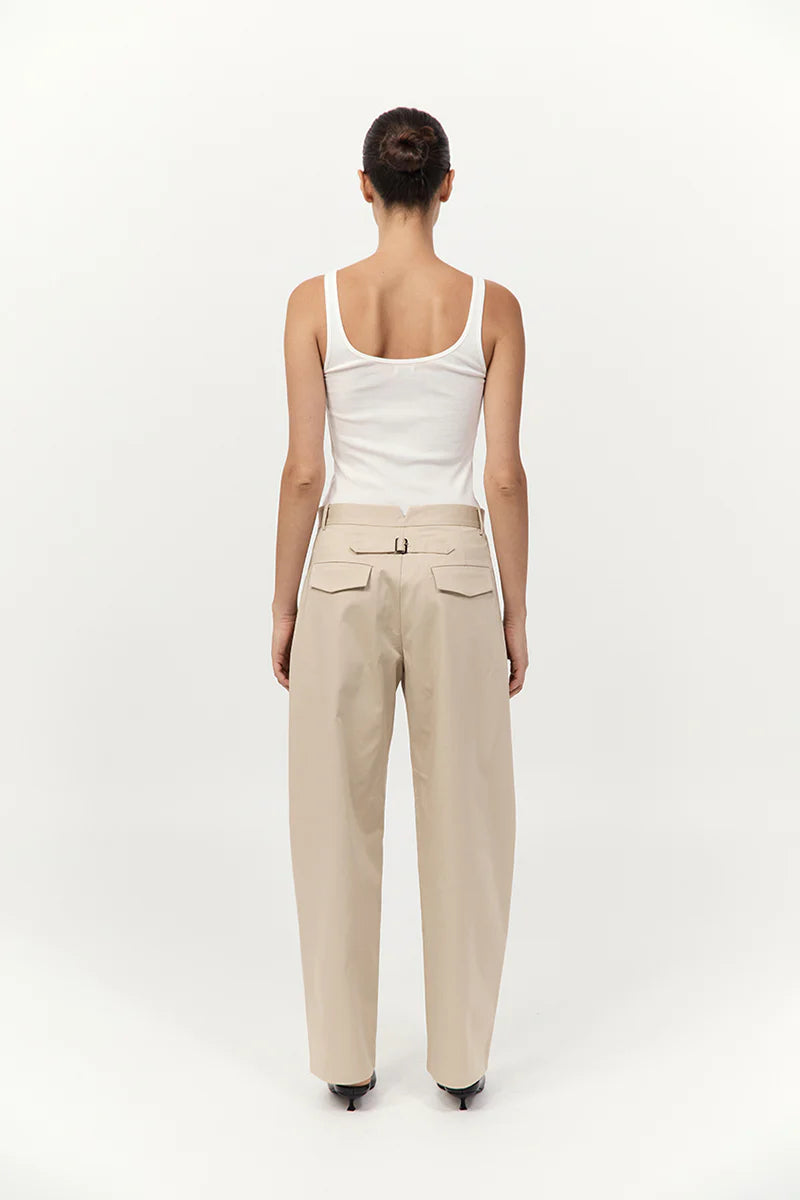 Cotton Barrel Leg Pants in Champagne laid flat to emphasize their trendy design and combination of organic and stretchy materials.