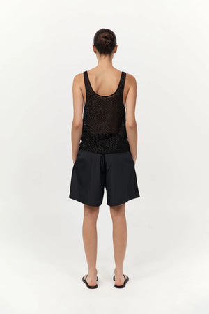 Back view of St. Agni's Glass Beaded Mesh Top in Jet Black, highlighting the unique craftsmanship.