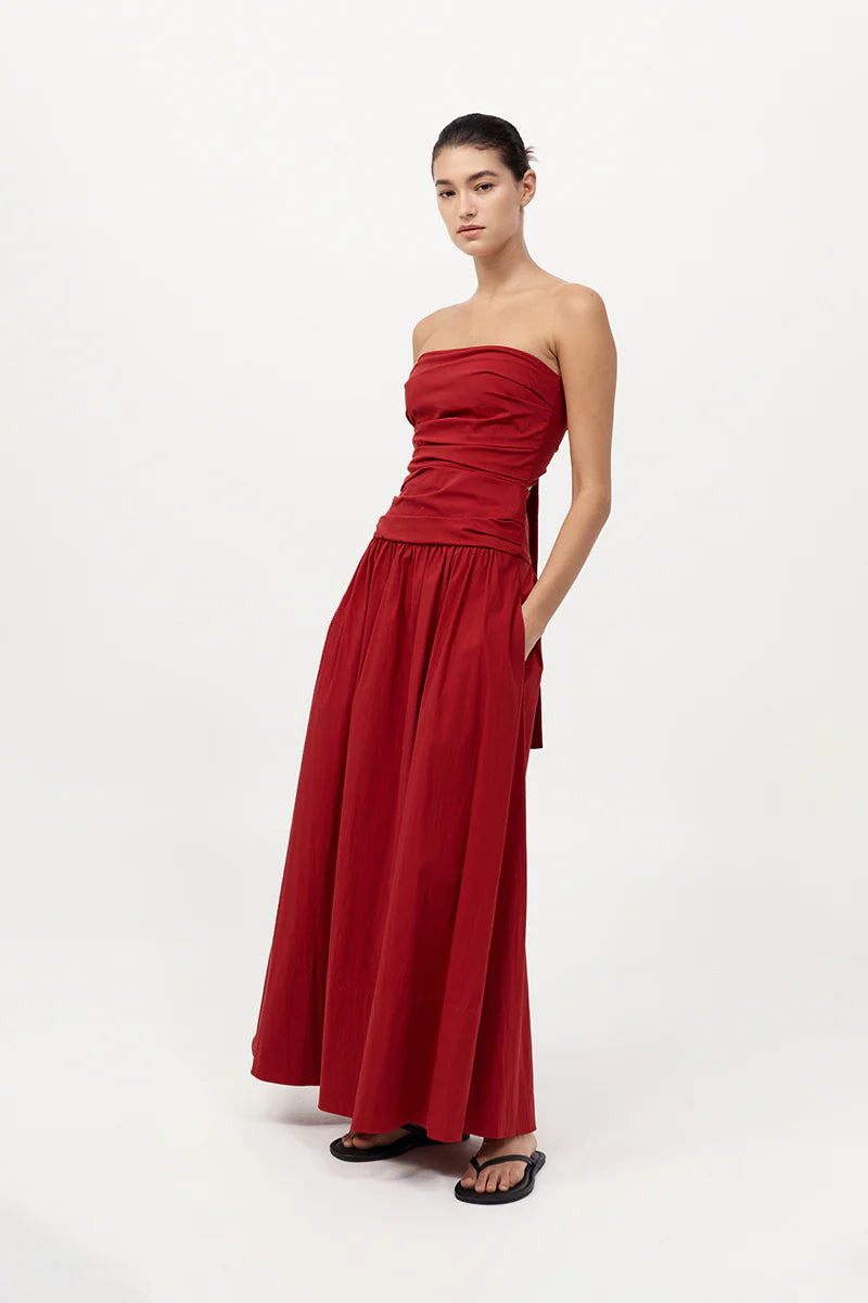 Gathered Strapless Tie Back Dress in Rosso