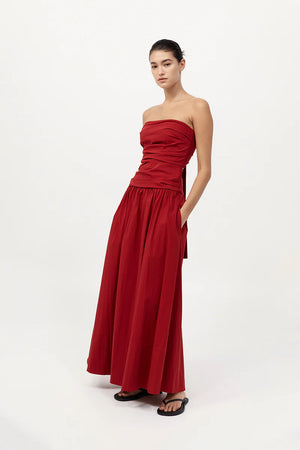 Gathered Strapless Tie Back Dress in Rosso