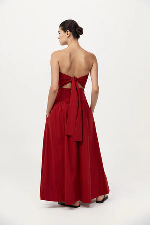Gathered Strapless Tie Back Dress in Rosso