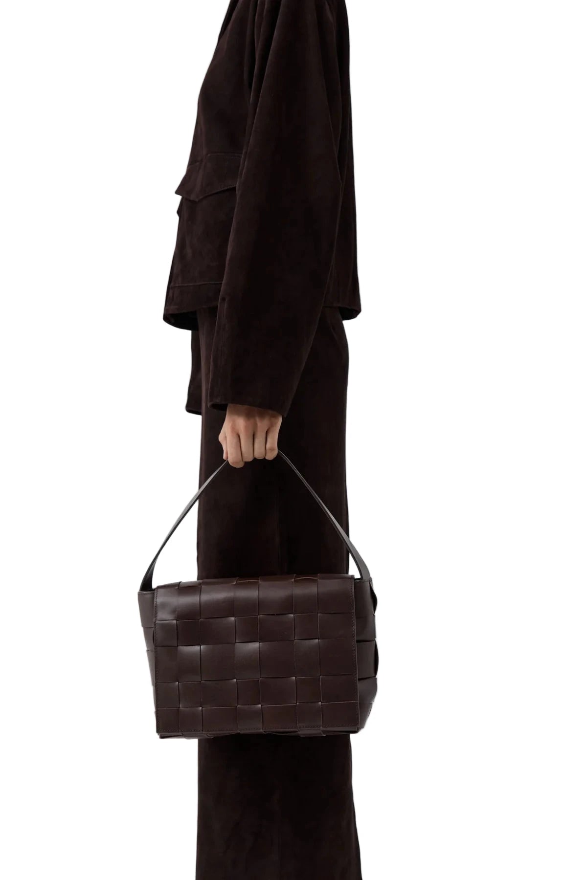 Interior view of the Woven Envelope Mini Tote in Chocolate, featuring the cotton lining and internal pocket.