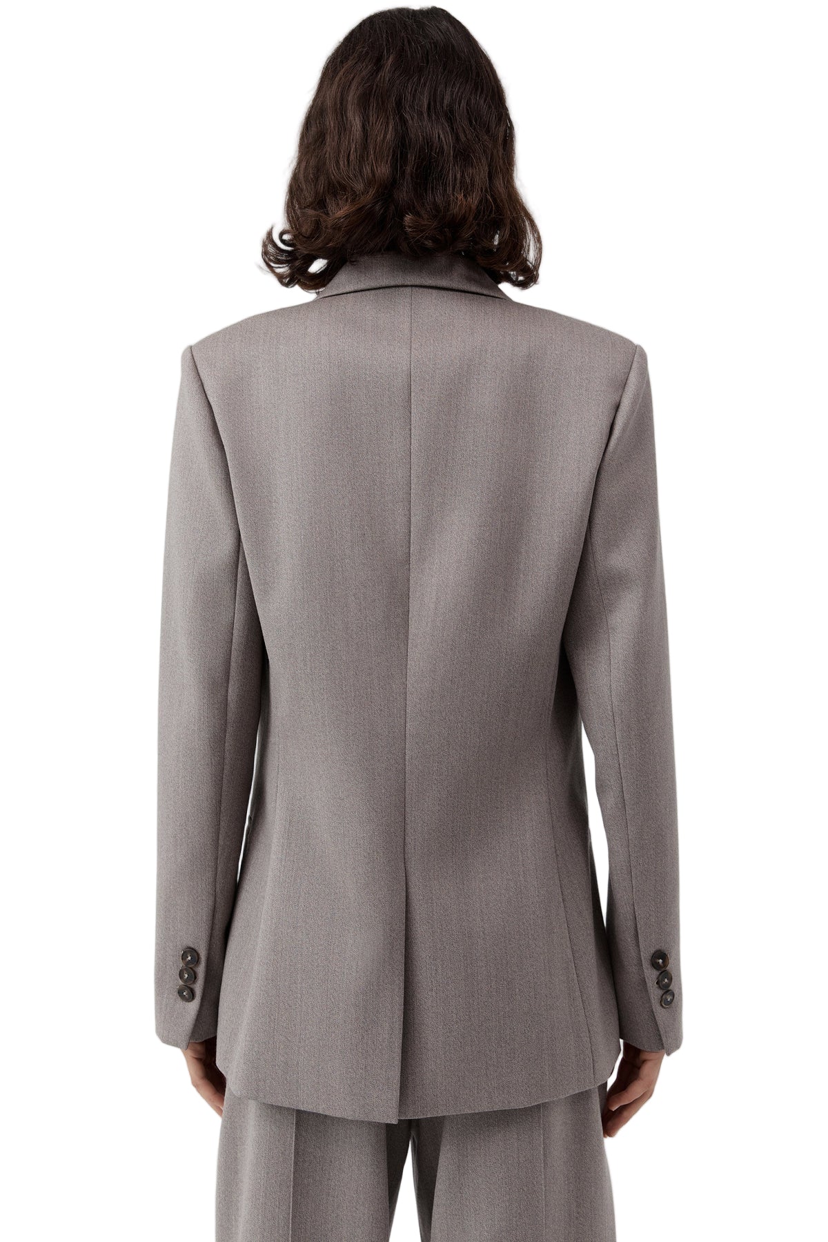 Flat lay of the 90s Wool Blazer in Doe and its key fashion elements.