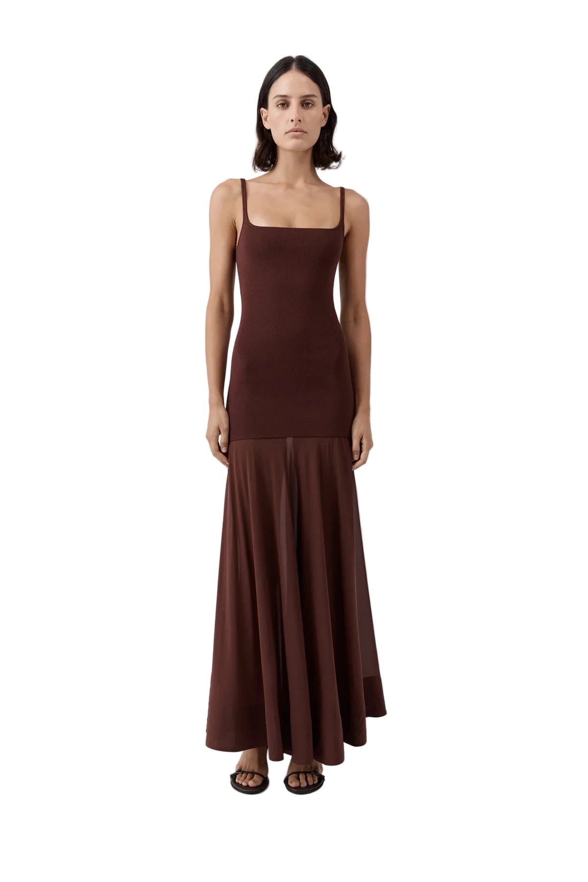 Close-up of the square neckline on the St. Agni Sheer Silk Circle Hem Dress in Liqueur, showcasing modern design and luxury fabric.