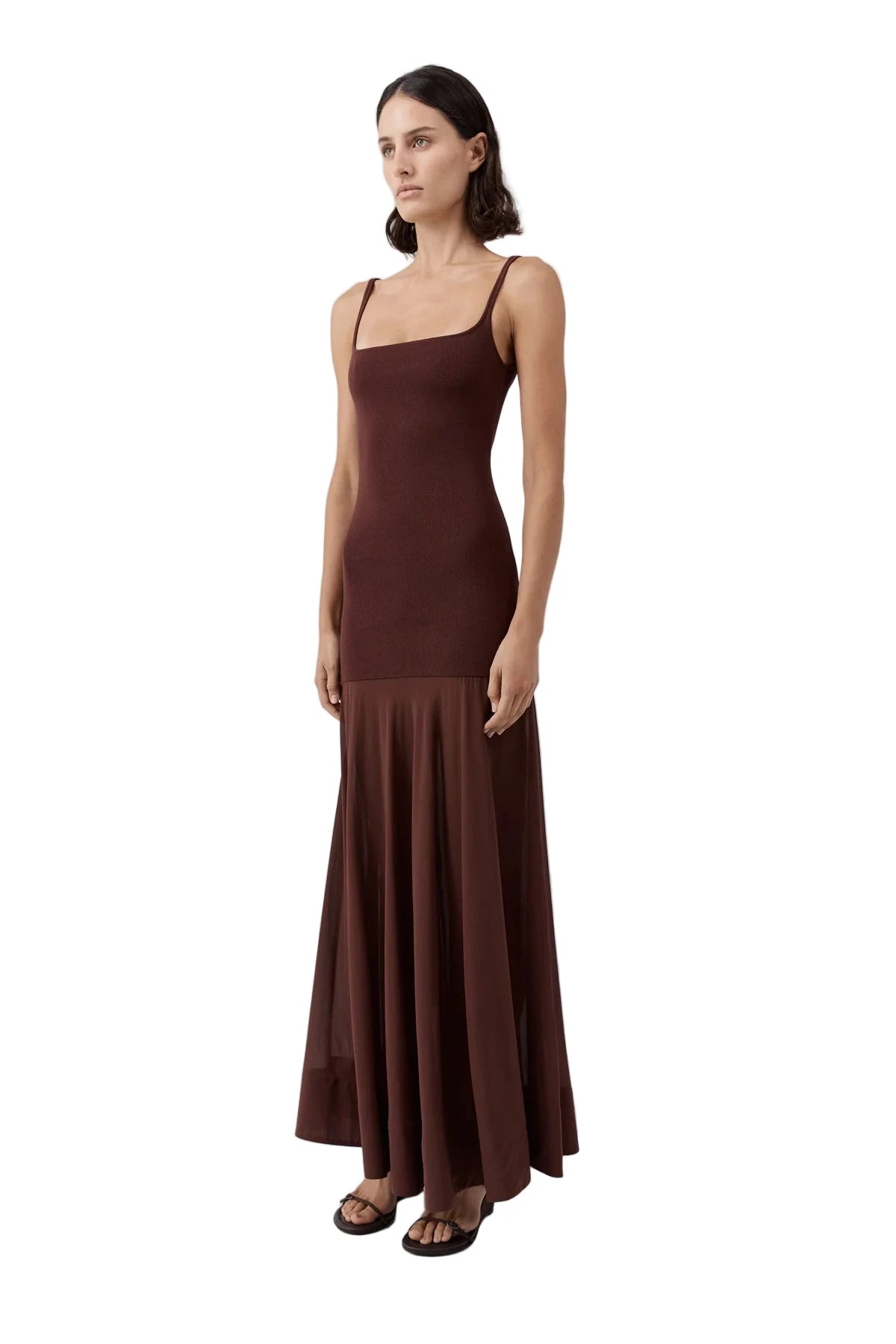 Back view of the St. Agni Sheer Silk Circle Hem Dress in Liqueur, emphasizing the clean design and lightweight silk.