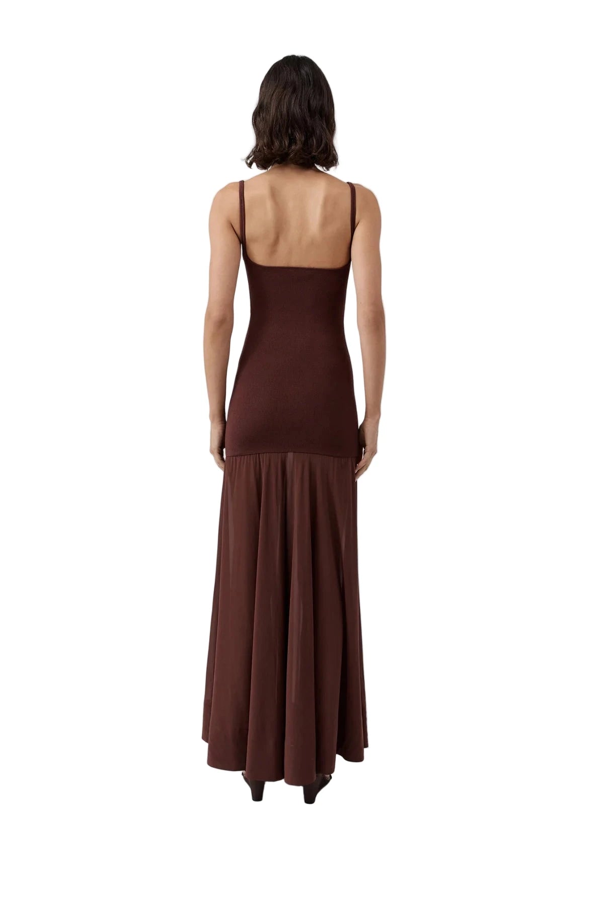St. Agni Sheer Silk Circle Hem Dress in Liqueur styled for day wear, demonstrating versatility from daytime to evening fashion.