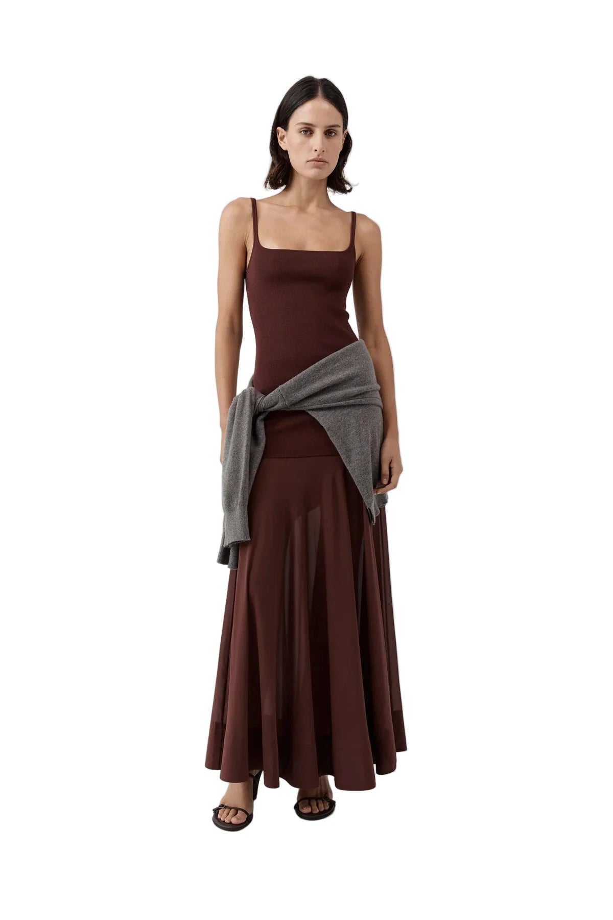 Side view of St. Agni Sheer Silk Circle Hem Dress in Liqueur, highlighting the graceful maxi length and fluid movement of the silk skirt.