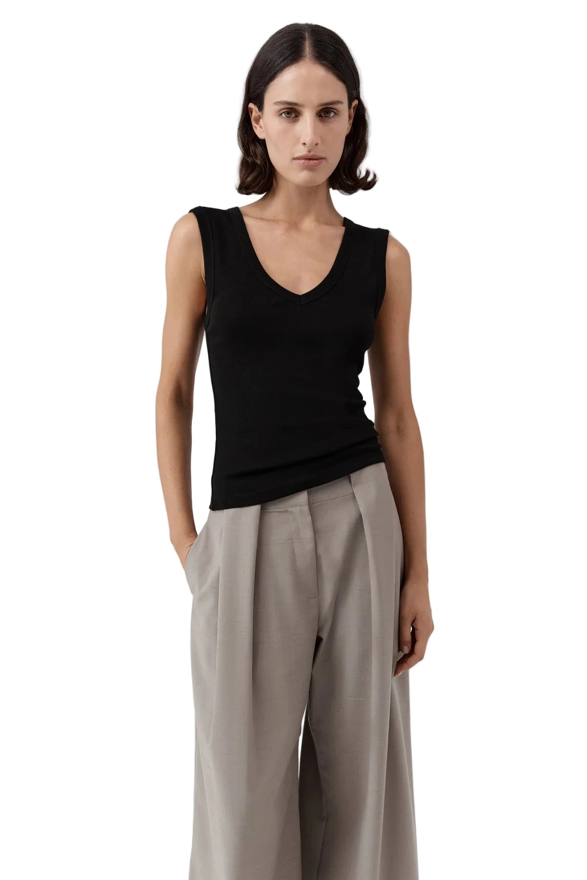 St. Agni Organic Cotton 90s Top in Black styled with casual bottoms, perfect for a refined, everyday look.