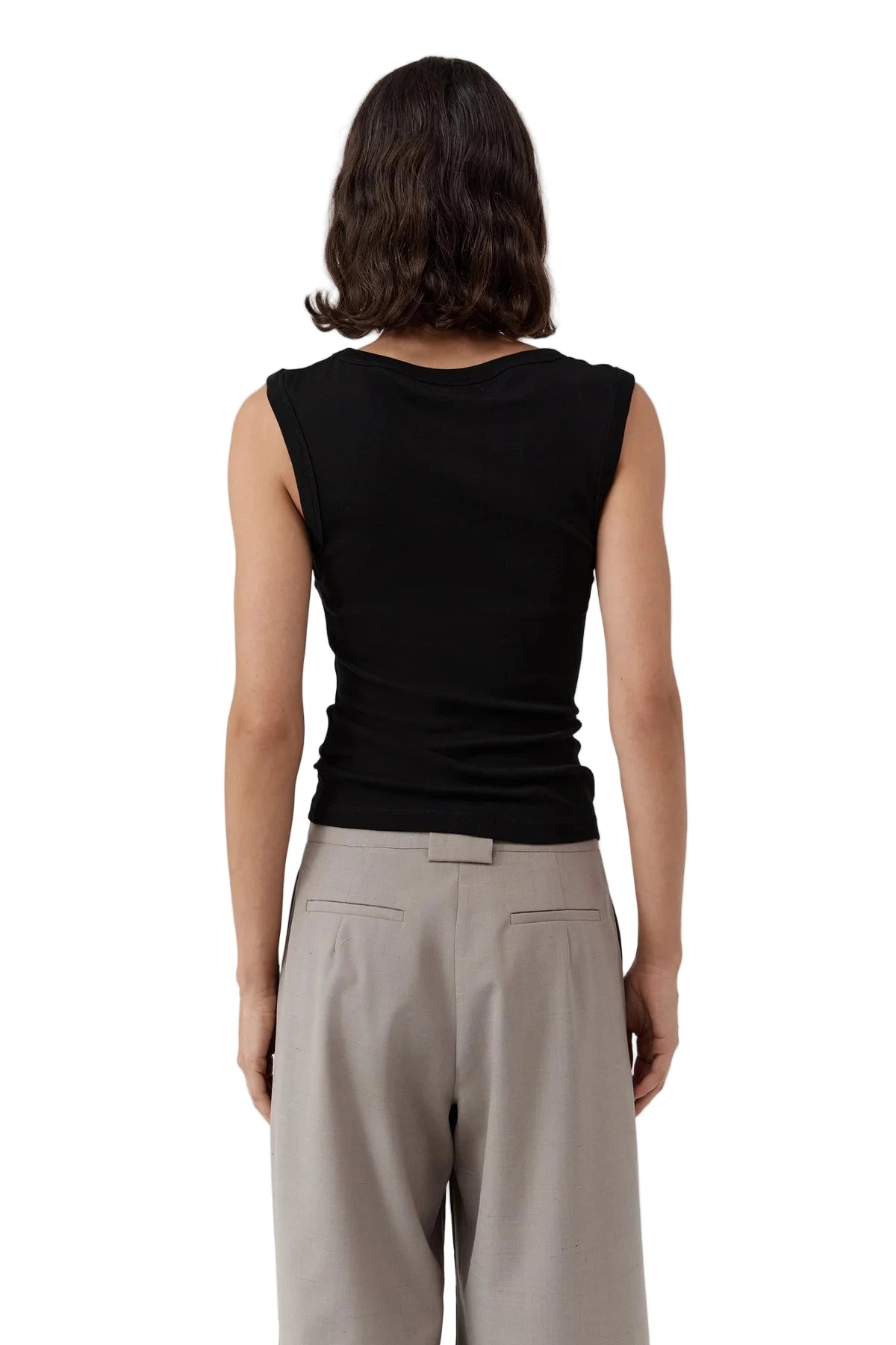 Flat lay of St. Agni's Organic Cotton 90s Top in Black, featuring the clean lines and minimalist aesthetic of the design.