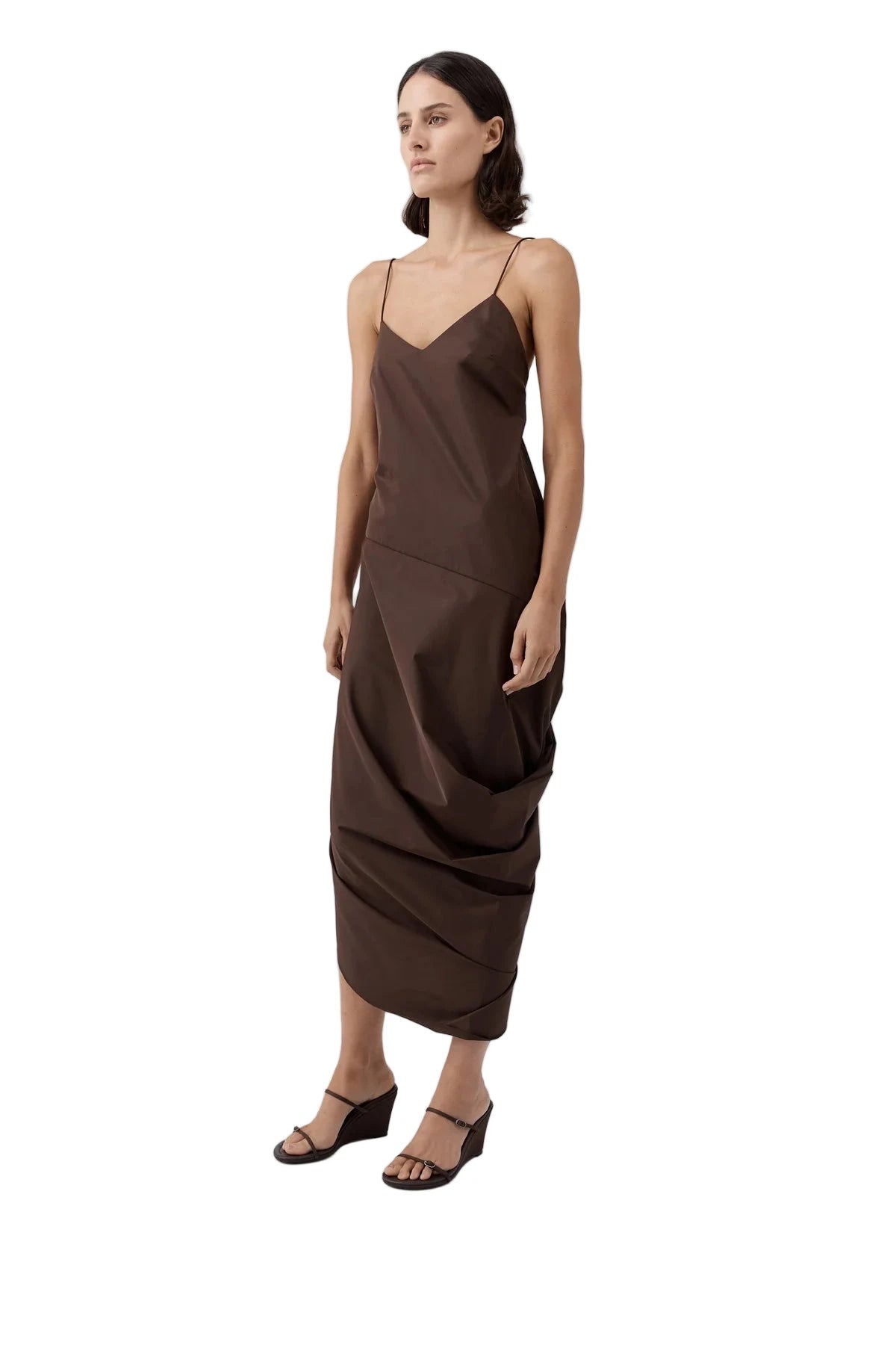 St. Agni Paper Taffeta Drape Dress in Mocha featuring a sculptural hip panel detail and asymmetric draped hem for added dimension.