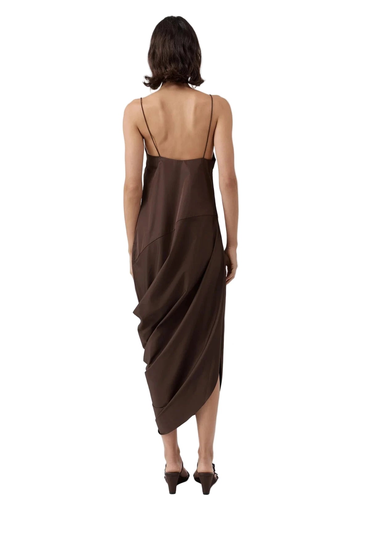 Model wearing the St. Agni Paper Taffeta Drape Dress in Mocha, demonstrating its 7/8 length cut and soft structured silhouette.