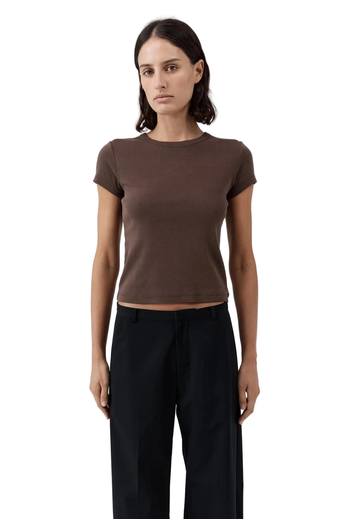 Flat lay of the Organic Cotton Baby Tee in Fudge with details on its fitted shape.