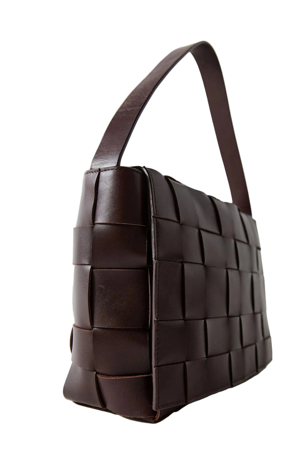 Close-up view of the Woven Envelope Mini Tote in Chocolate, highlighting the flap closure and magnetic fastening.