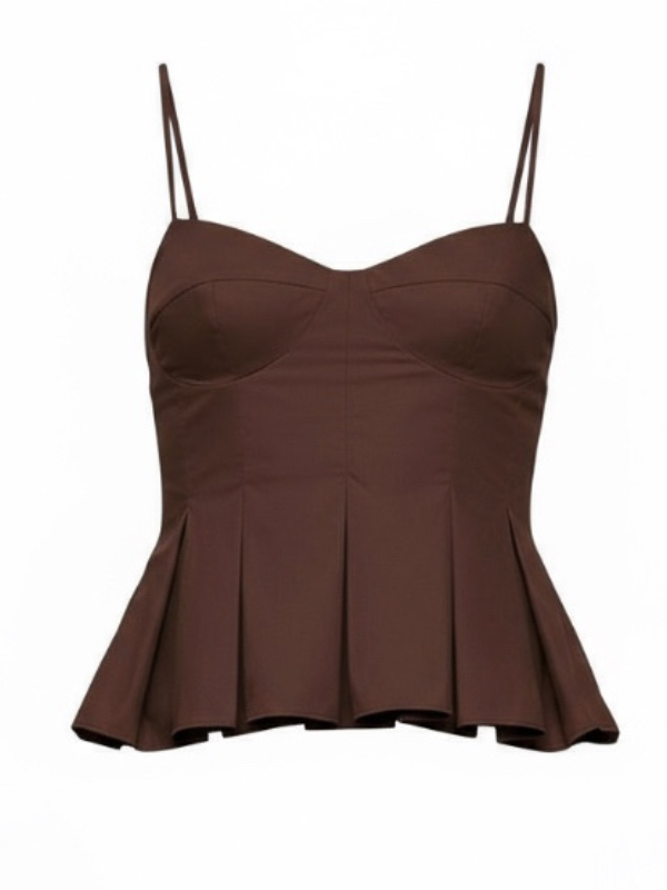 Iris Pleat Top in Arabica showcasing its polished cotton bustier silhouette and cup detailing.