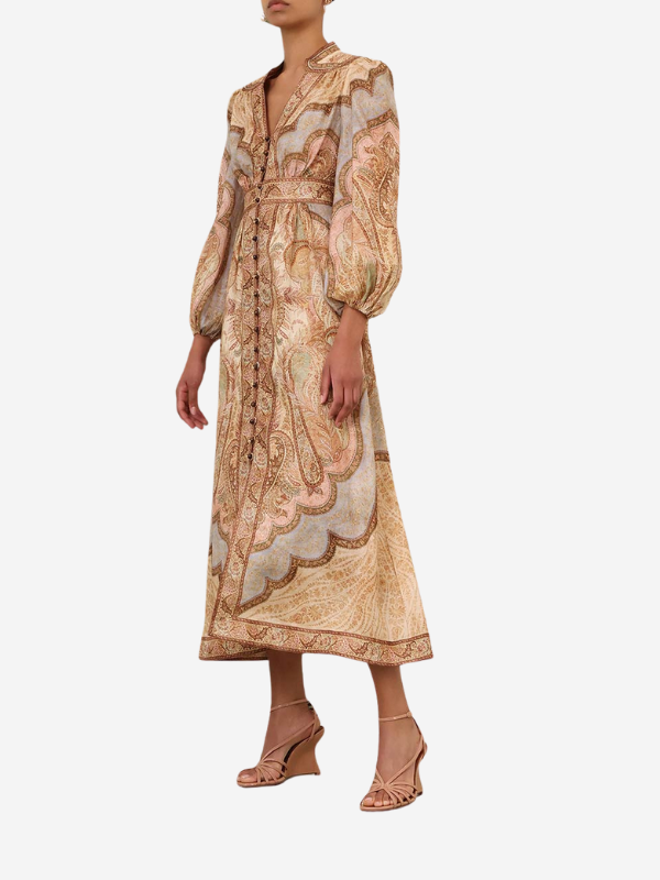 Side view of the Wanderlust Plunge Midi Dress in Tapestry Multi highlighting the flared skirt and elegant design.