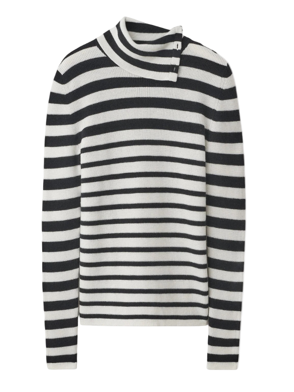 Sabrine Sweater in Salt/Noir Stripes from Lisa Yang, displaying a stylish asymmetric silhouette and high neck with buttons.