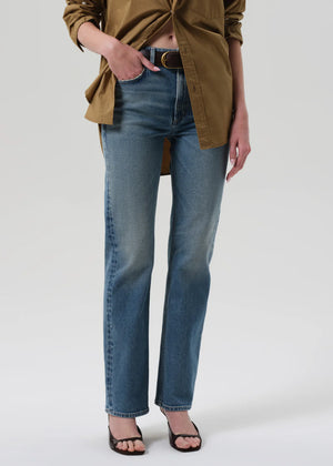 Zurie Straight Jean in Lyon laid flat to show the zip fly closure and medium indigo wash.