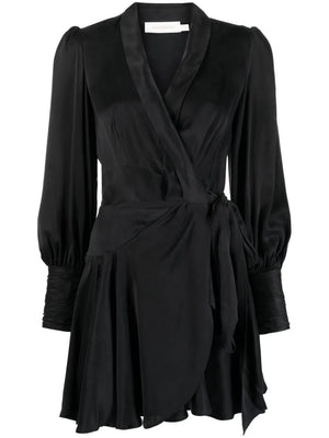 Silk Wrap Mini Dress in Black