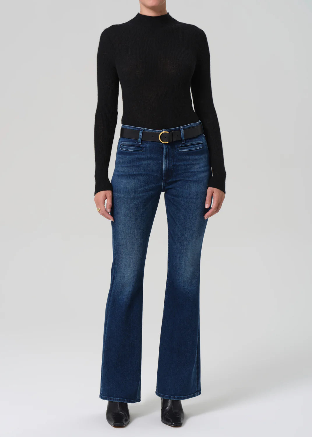 Close-up of the Lilah Welt Pocket Flare in Marvita, highlighting its cotton composition and stylish leg elongation.