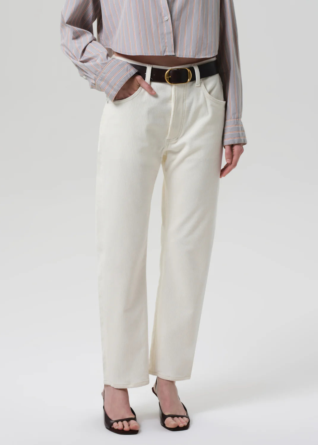 Winslow Boyfriend Corduroy in Pashmina modelled with structured shirting for a chic outfit.
