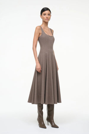 Back view of Staud Wells Dress showcasing the center zipper and houndstooth pattern