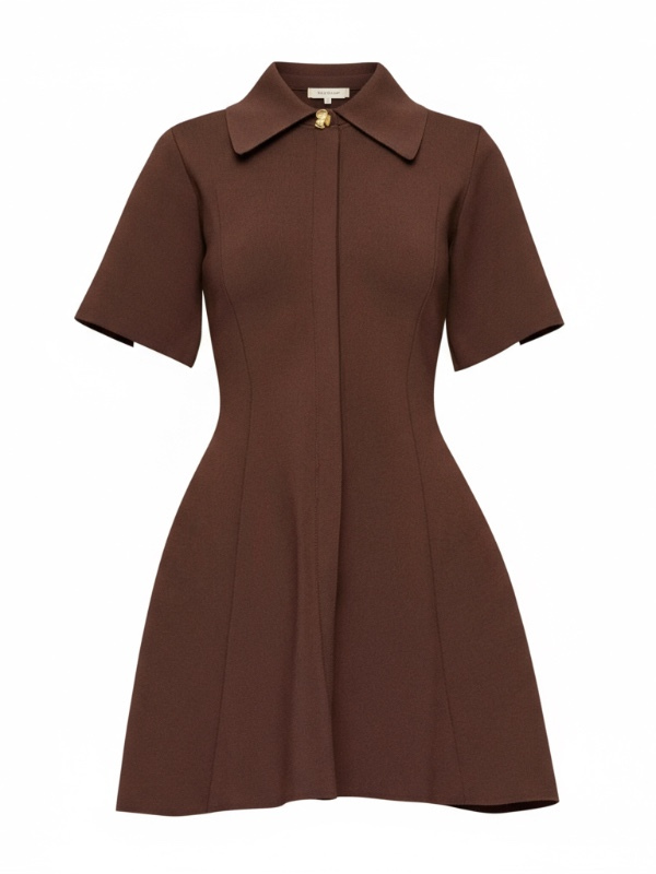 Sorrel Knit Shirt Dress in Arabica by CLEA showcasing a fitted A-line silhouette and extended shoulder design.