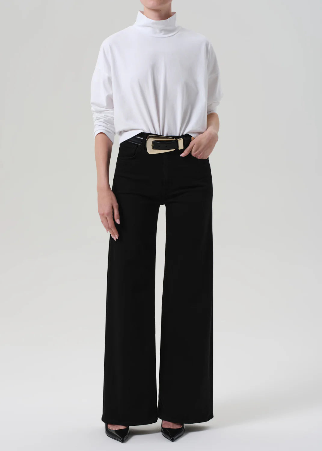Close-up of the Lyra Long Wide Leg in Plush Black showing the soft stretch denim texture, designed for comfort and style.