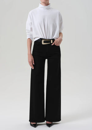 Close-up of the Lyra Long Wide Leg in Plush Black showing the soft stretch denim texture, designed for comfort and style.