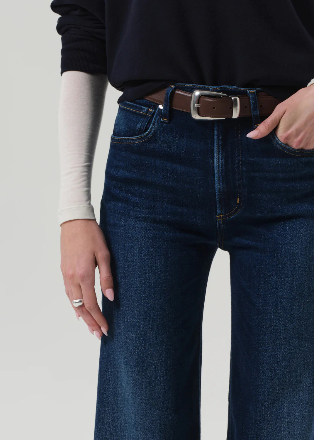Lyra Long Wide Leg in Masha - model wearing the jeans styled with sleek flats, emphasizing versatility.