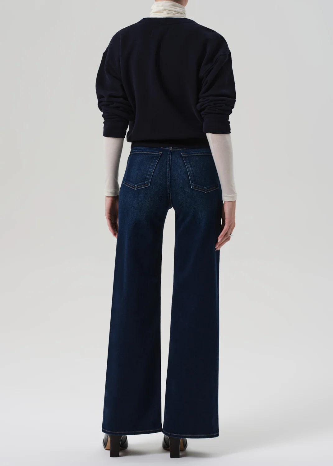 Close-up of the Lyra Long Wide Leg in Masha - showcasing the soft stretch denim fabric and stylish design.