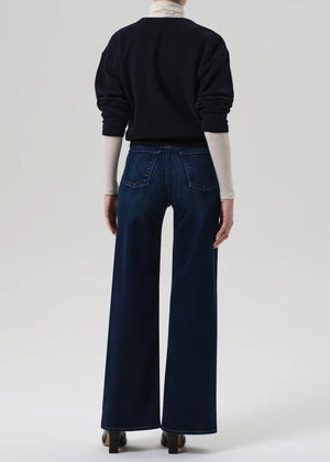 Close-up of the Lyra Long Wide Leg in Masha - showcasing the soft stretch denim fabric and stylish design.