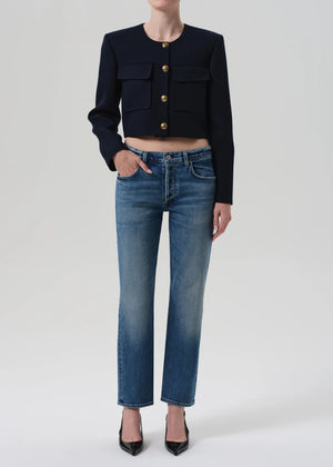 Close-up view of Anissa Jeans in Alma, highlighting the comfort-stretch fabric and subtle fading details.