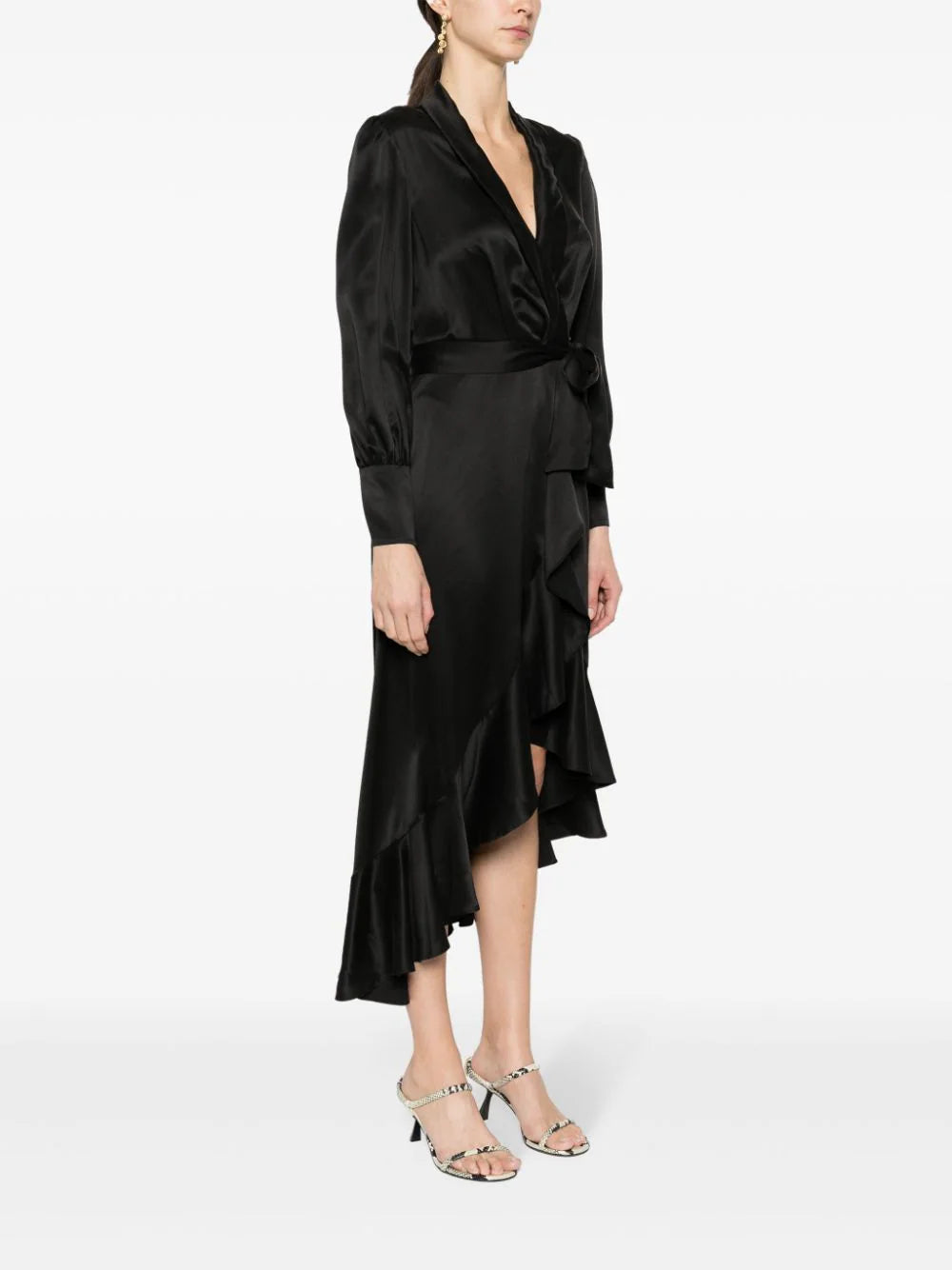 Silk Wrap Midi Dress in Black