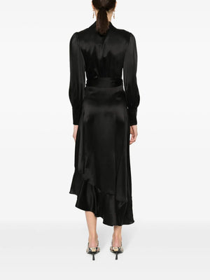 Silk Wrap Midi Dress in Black