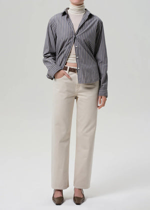 Close-up of the Lindz Low Rise Easy in Almondette detailing the zip fly and relaxed straight leg.