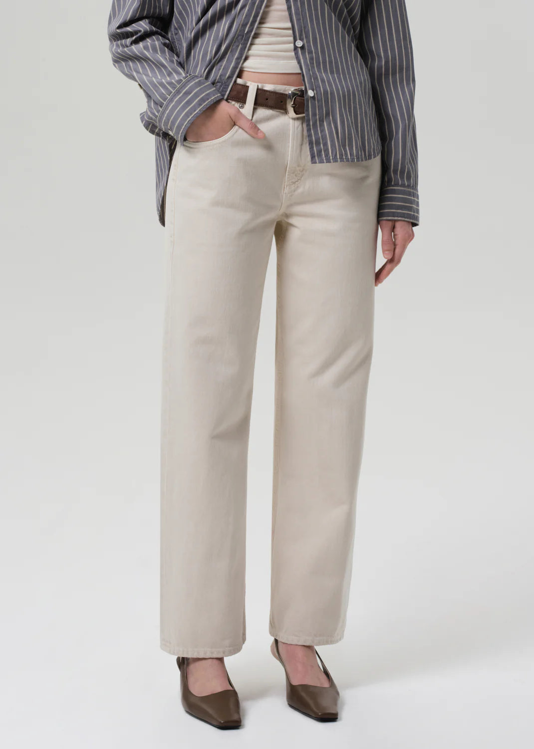 Side view of the Lindz Low Rise Easy in Almondette demonstrating the natural warm hue.