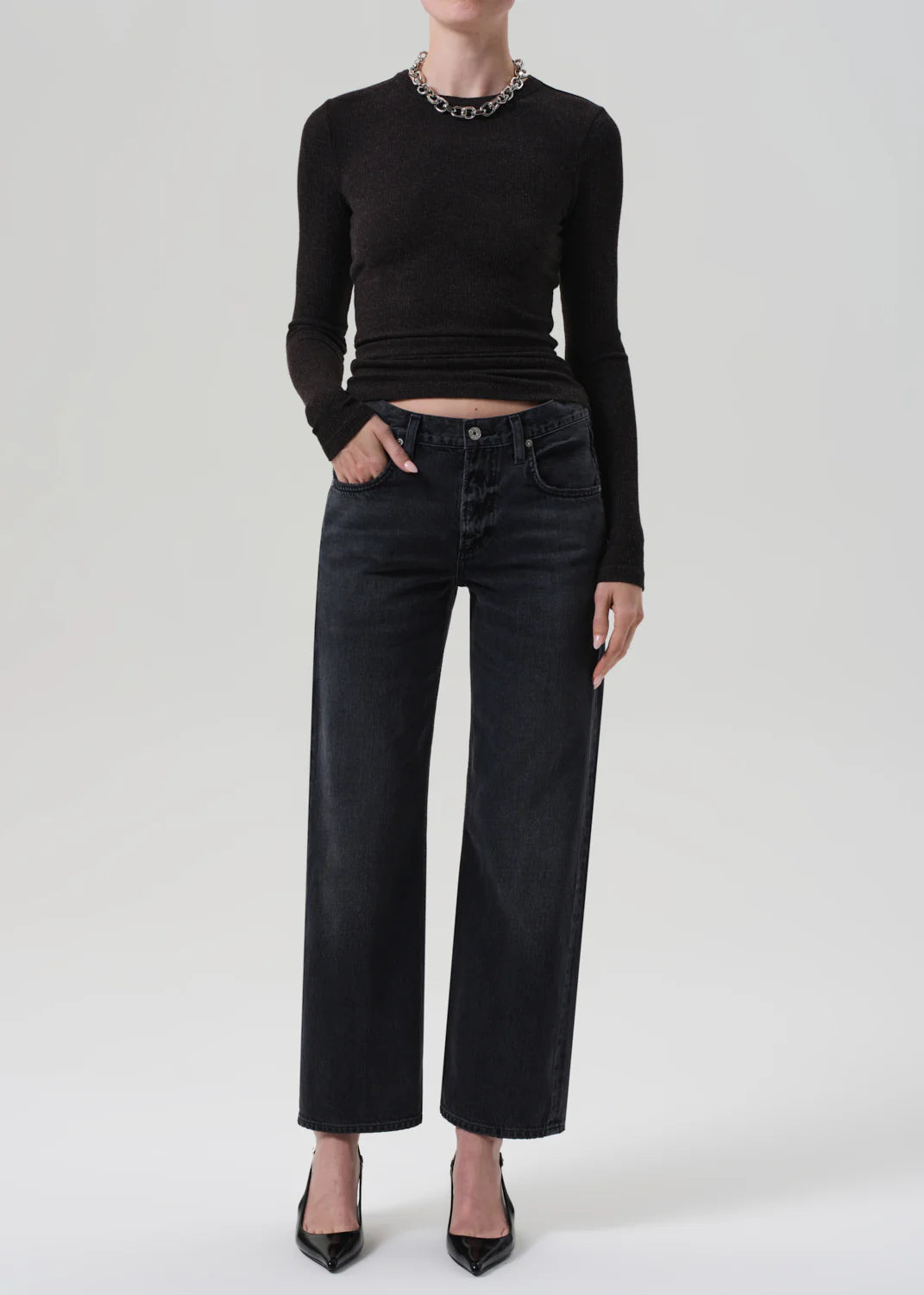Close-up of Lindz Easy Straight in Vintage Black, highlighting the textured fabric made from 100% regenerative cotton.