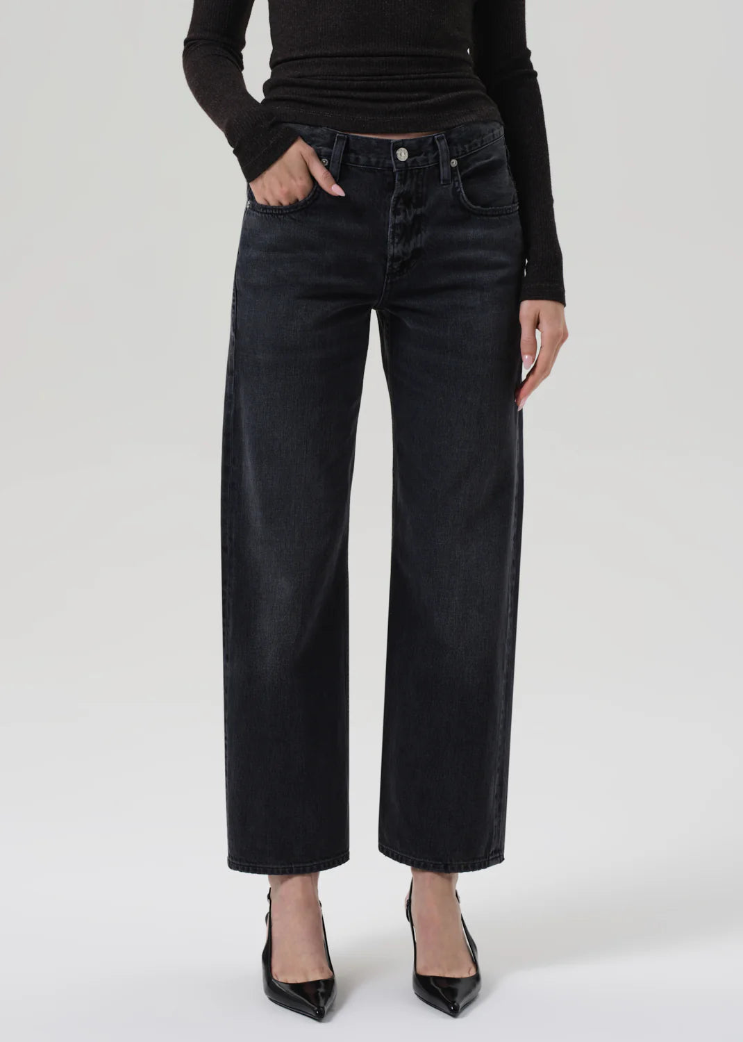 Side view of Lindz Easy Straight jeans in Vintage Black flat lay, emphasizing the classic design.