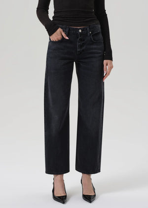 Side view of Lindz Easy Straight jeans in Vintage Black flat lay, emphasizing the classic design.
