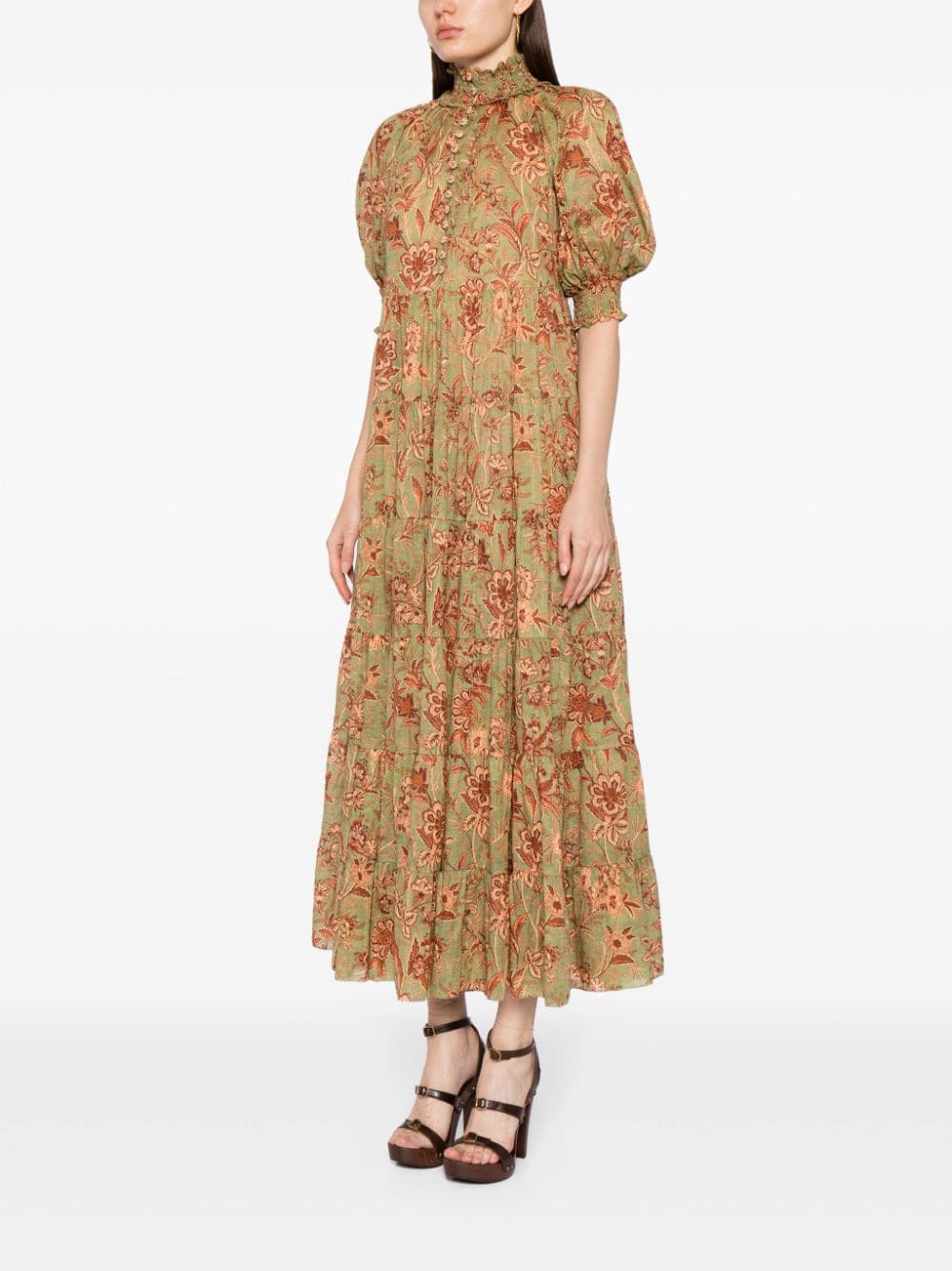 Junie Tiered Swing Dress in Sage/Brown Floral