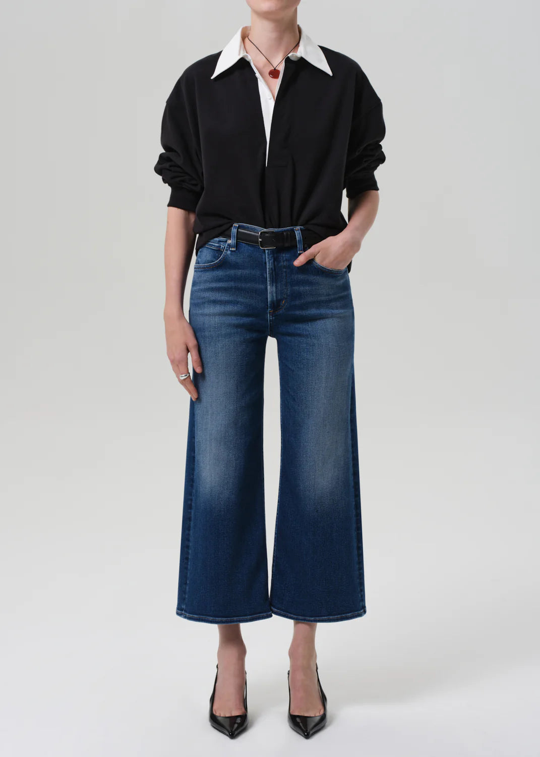 Front view of Lyra Wide Leg Crop in Augusta highlighting the clean hem and subtle fading details.
