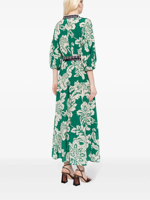 Rosewood Silk Dress in Floral Stamp Green
