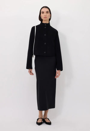 Close-up of the Nyma Jacket in Black, highlighting the luxurious wool cashmere blend fabric.