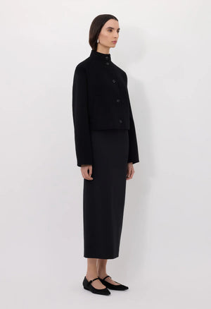 Model wearing the Nyma Jacket in Black, styled for autumn and winter fashion.