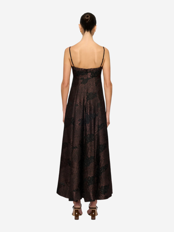 Back view of the Theron Midi Dress in Arabica with an invisible back zip for a refined fit.