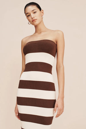 Theo Strapless Stripe Dress in Chocolate/Cream