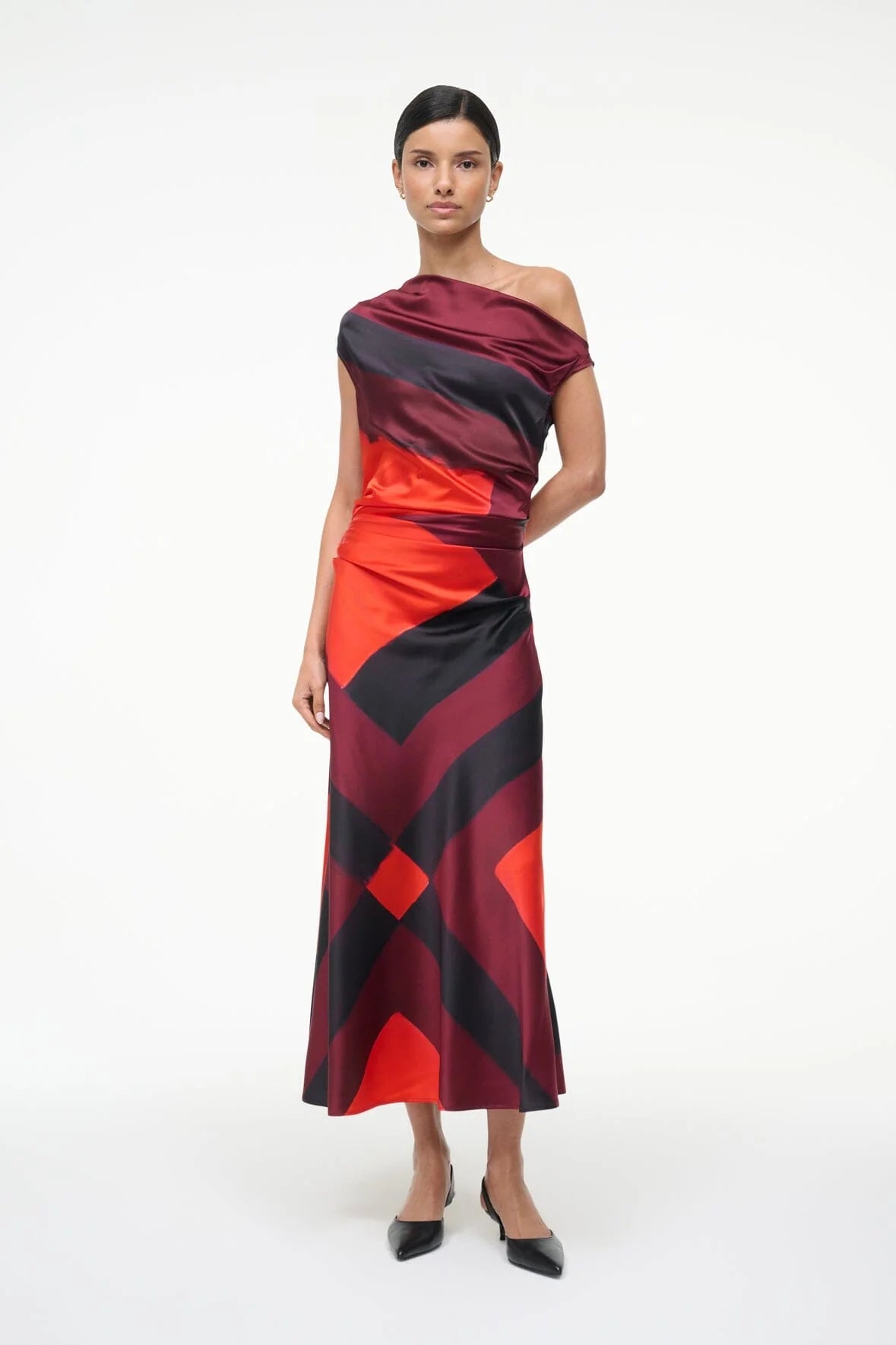 Back view of Staud's Ruby Prism Phare Silk Dress highlighting the elegant silhouette.