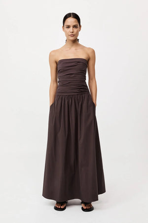 Gathered Strapless Tie Back Dress in Chocolate Plum