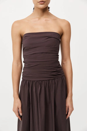 Gathered Strapless Tie Back Dress in Chocolate Plum